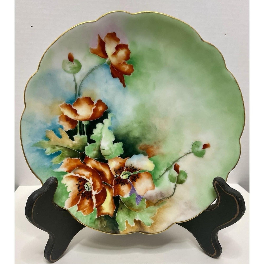 Antique Hand Painted Porcelain Poppies Plate 1909 Signed Numbered Gold Edge